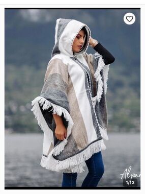 Alpaca 100% made Ecuador Hooded Poncho Jacket in Grey, White & Taupe